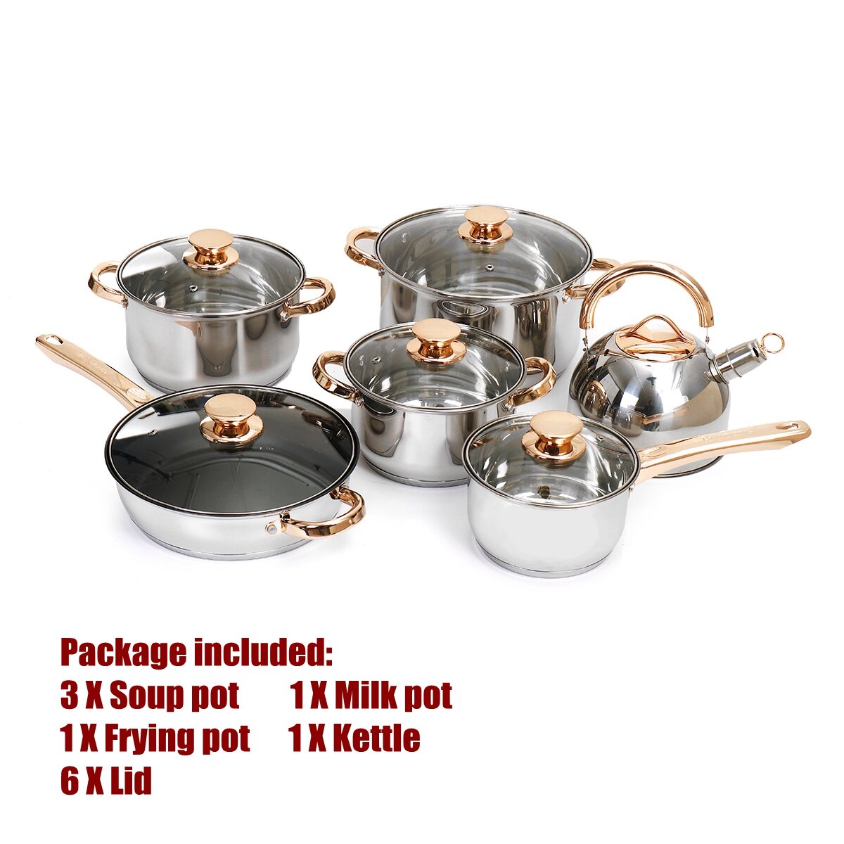 12PCS Stainless Steel Cookware Set: Non-Stick Pots & Frying Pan for Gas & Induction Cookers