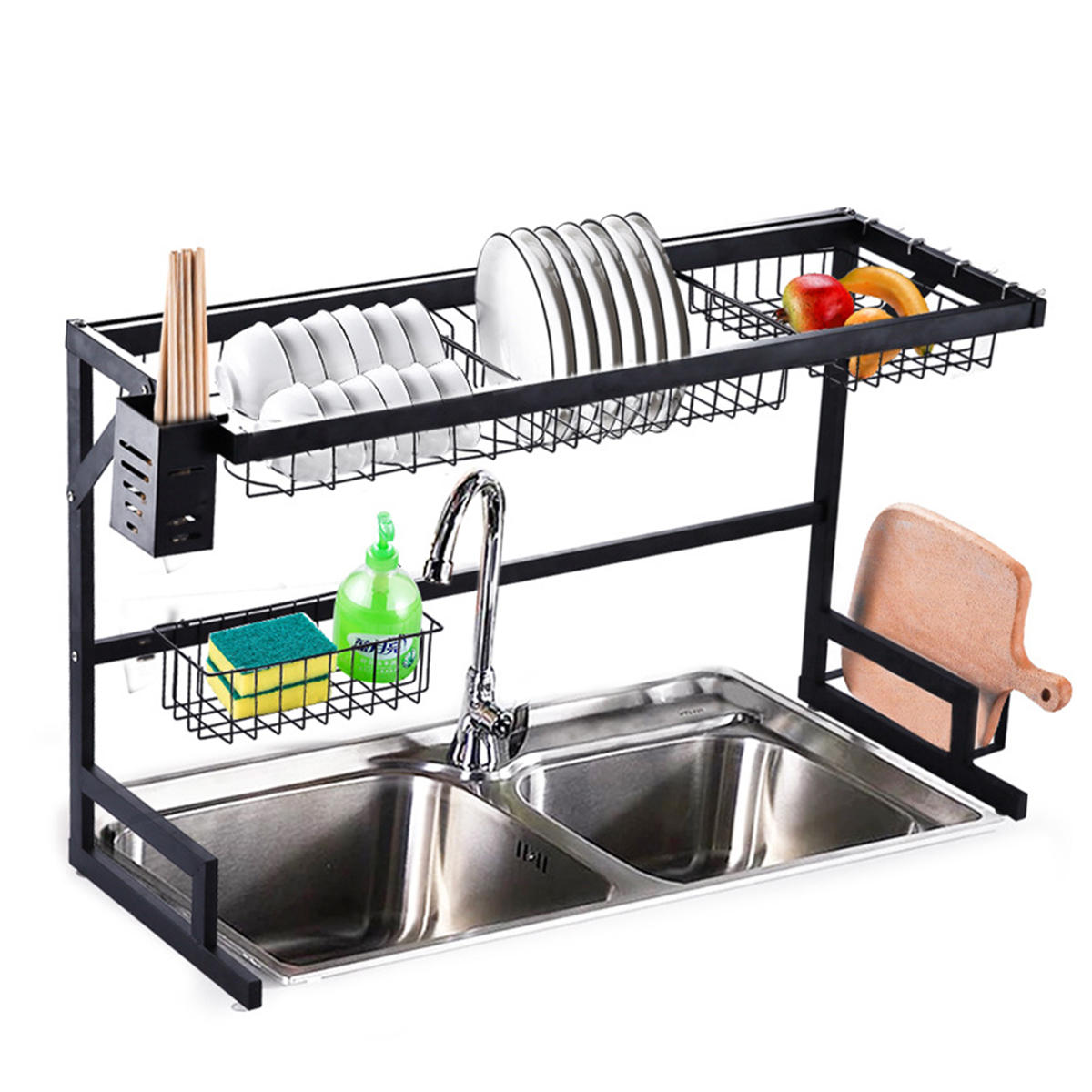 2-Tier Dish Drainer Over Double Sink - Drying Rack for Plates, Bowls, and Fruit - Kitchen Storage Tray