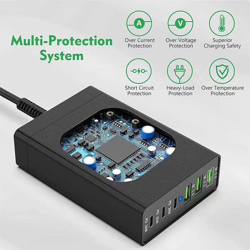 6-Port USB PD Charger: 3 USB-C & 3 USB-A, Fast Charging Station for iPhone, Huawei, Samsung, Oppo