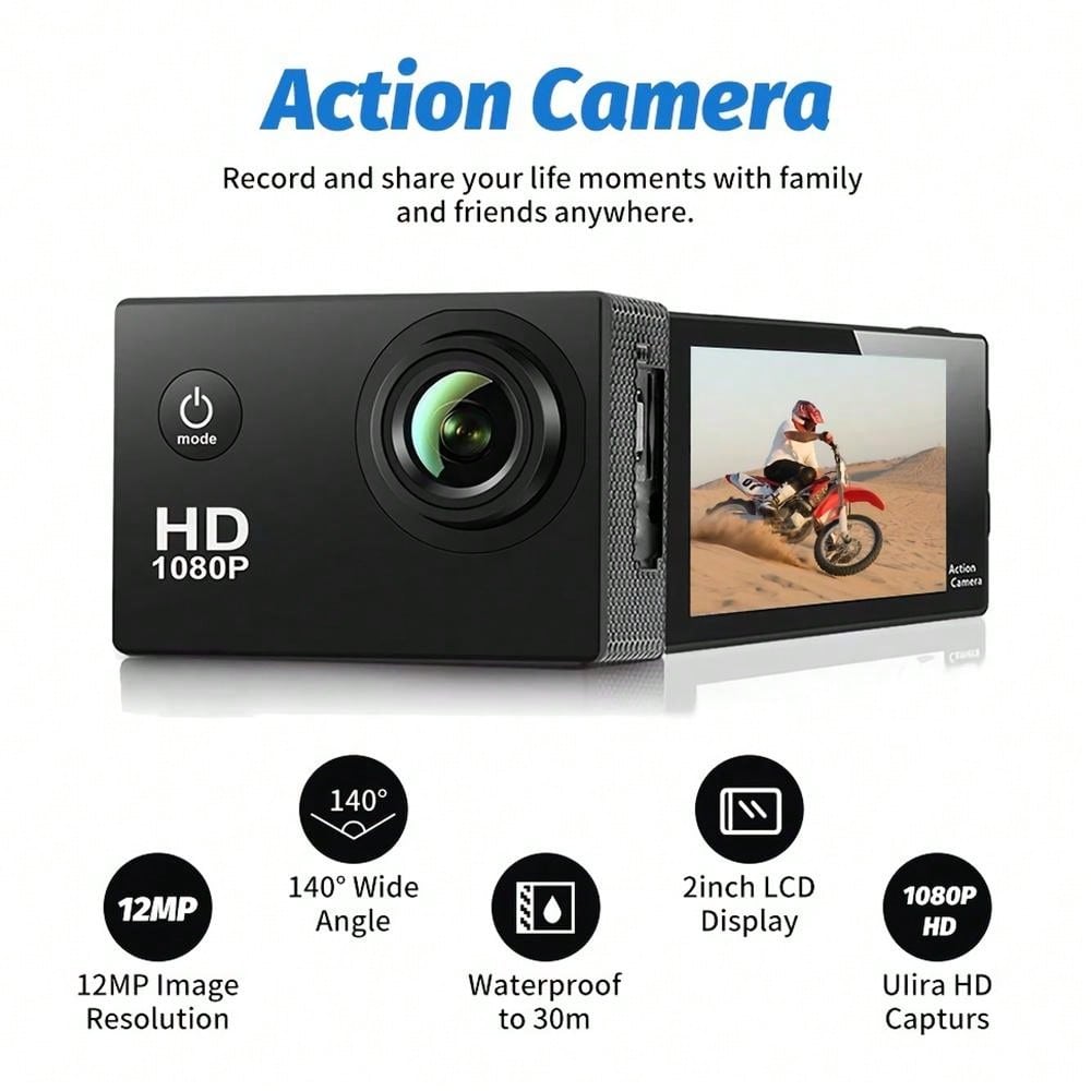 HD 1080P Sport Action Camera - 2" LCD, 5MP, 900mAh Battery, Waterproof, 140 Degree Wide Angle Lens