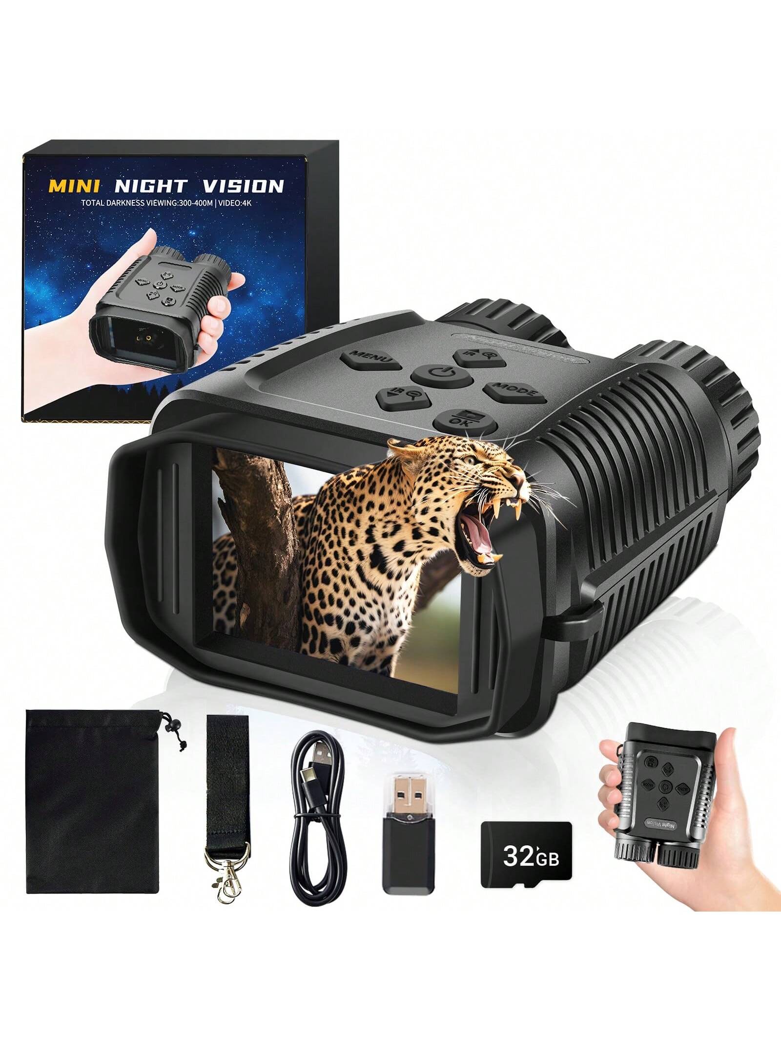 4K Mini Night Vision Goggles with Infrared Binoculars, 2.4" Screen, 8X Zoom, 7 IR Levels, 32GB Card Included