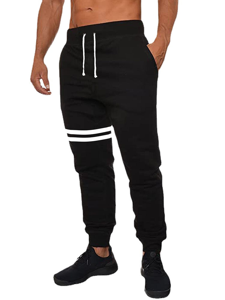 Men's Striped Casual Drawstring Fleece Cotton Knitted Sport Pants with Beam Feet