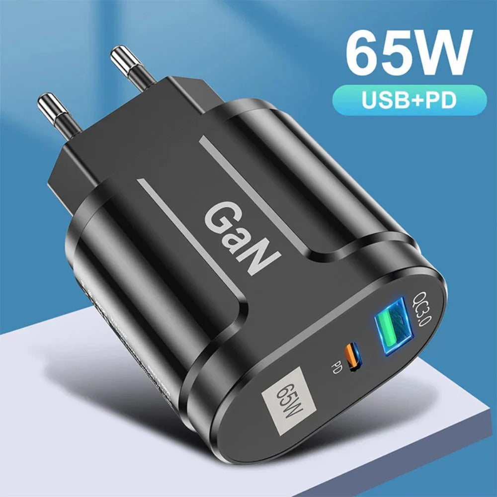 65W GaN 2-Port USB PD Ladegerät, Schnellladeadapter für iPhone, Samsung, Huawei