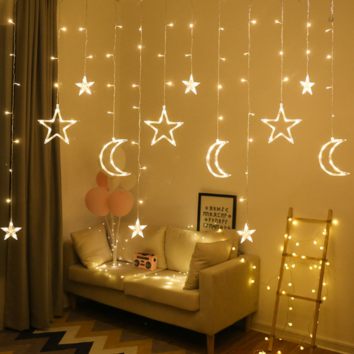 2.5M 3.5M USB LED Moon Star Curtain Fairy String Lights for Christmas, Bedroom, Romantic Decor