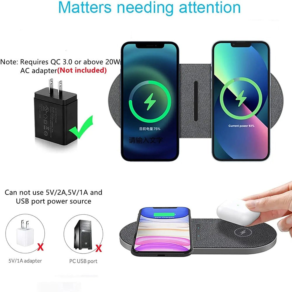 40W Fast Dual Wireless Charger Pad for iPhone, AirPods, Samsung S23/S22 - Efficient Charging Solution