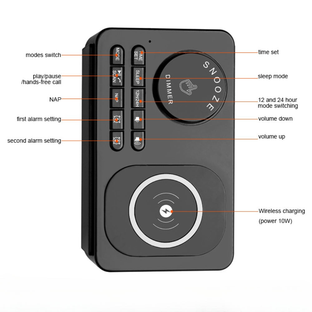 10W kabelloses Ladegerät Bluetooth-Lautsprecher Radiowecker für Qi-fähige Telefone