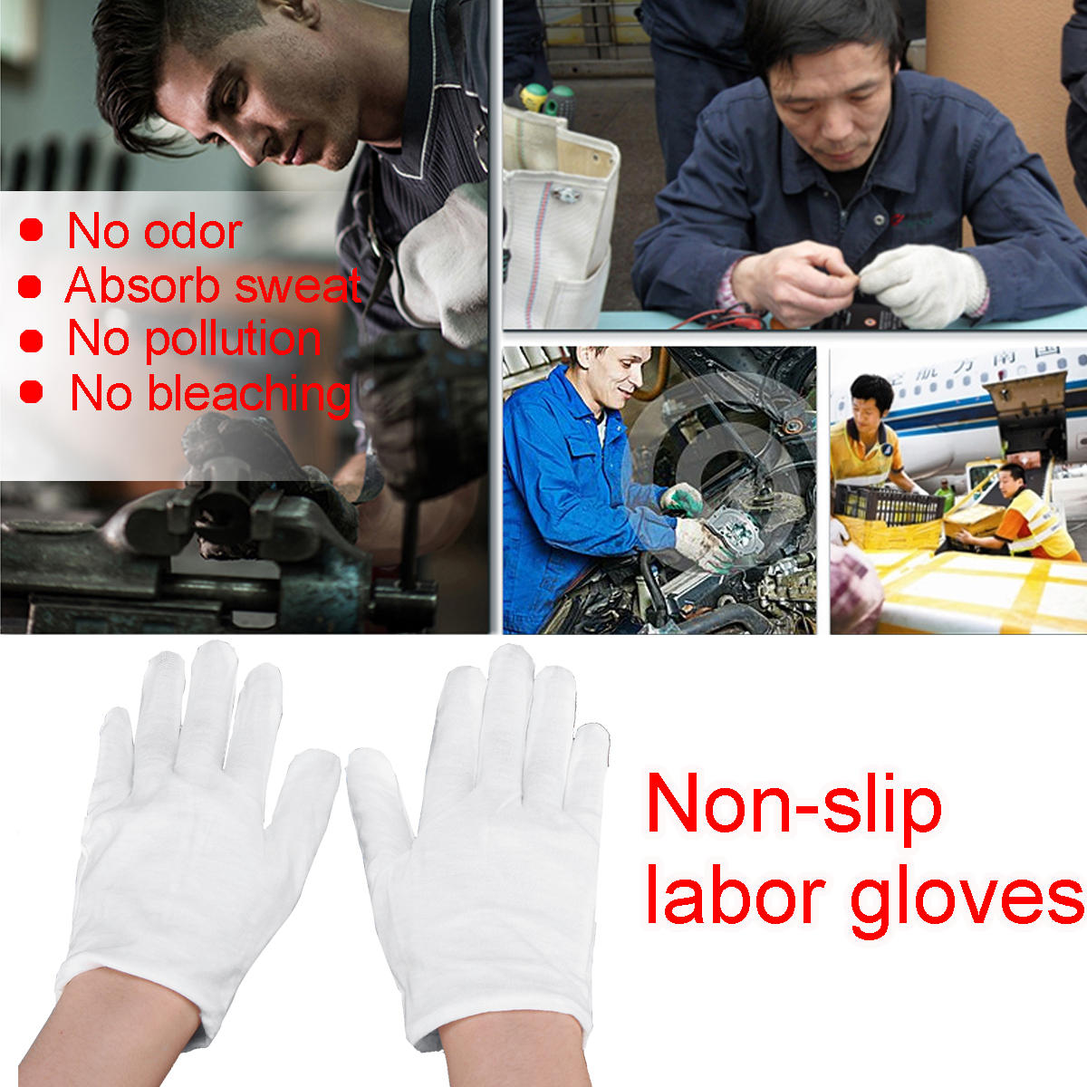 12 Pairs Non-Slip Cooling Work Gloves for Workshop Labor - White