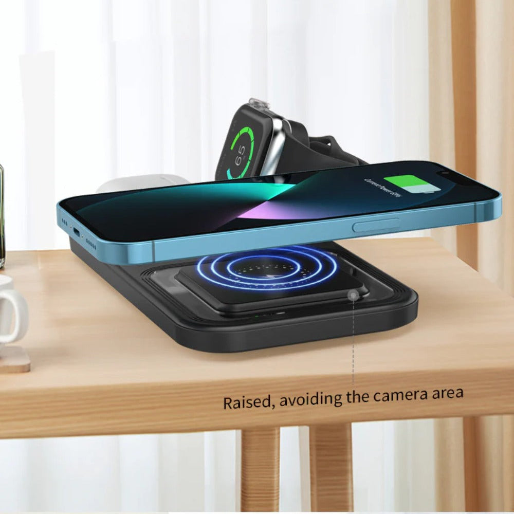 3-in-1 15W Wireless Charger Stand: Fast Charging for iPhone, Apple Watch, and Earphones