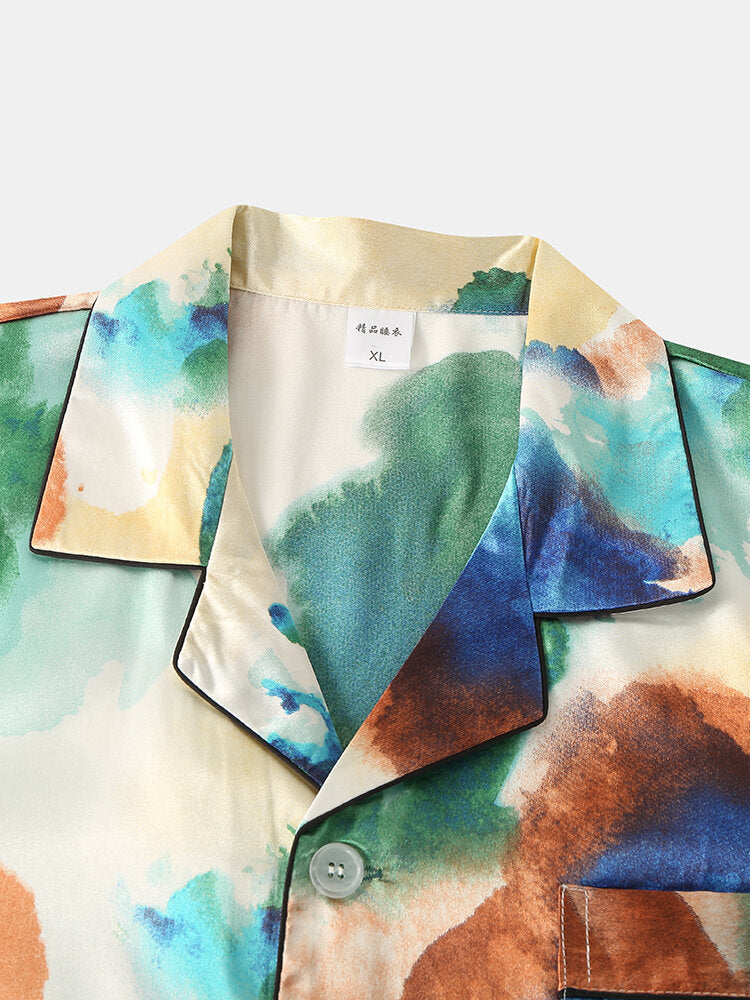 Mehrfarbiges, langärmliges Pyjama-Set mit Batikmuster und Reverskragen für Herren