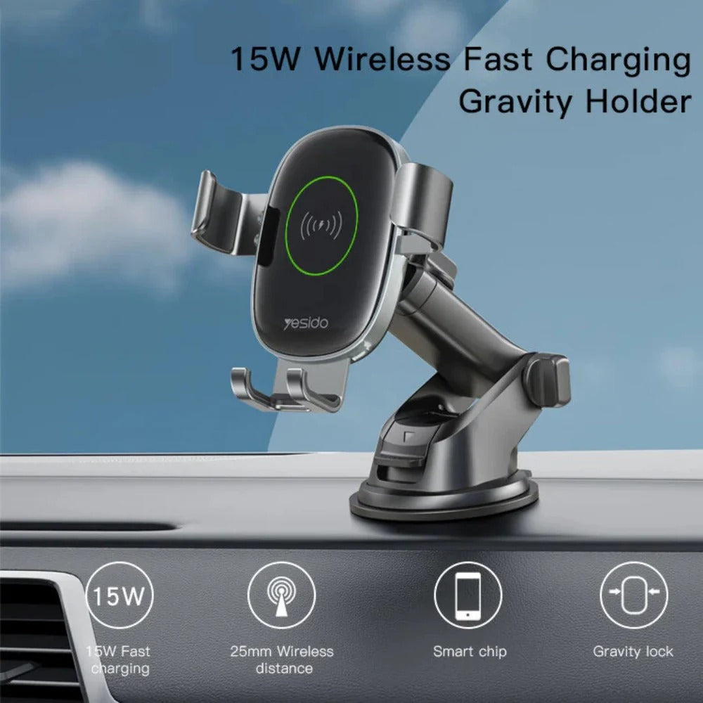 15W Fast Charging Gravity Lock Aluminum Phone Holder for Cars