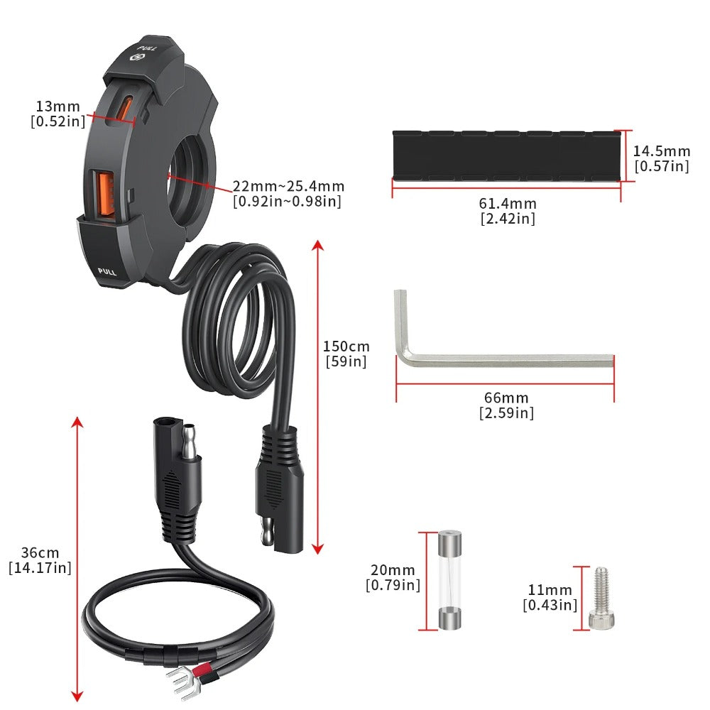 Universal 48W QC3.0 Motorcycle USB-C Charger with Waterproof Handlebar Mount Bracket