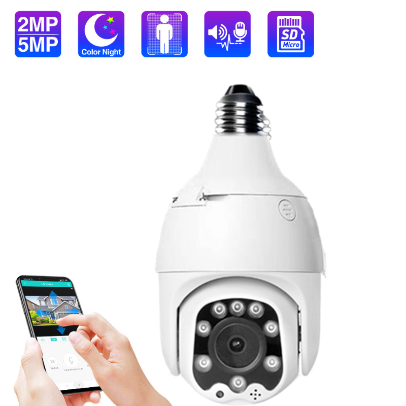 1080P WiFi IP Camera, 2MP Night Vision, Auto Tracking, PTZ Waterproof Speed Dome, E27 Connector, TF Card Storage