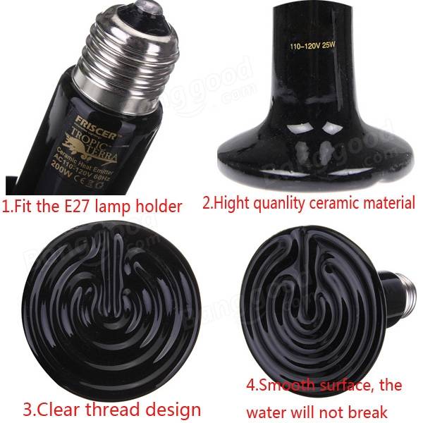 110V Black Infrared Ceramic Heat Emitter Lamp Bulb - 25W/50W/75W/100W for Reptile Pet Brooder