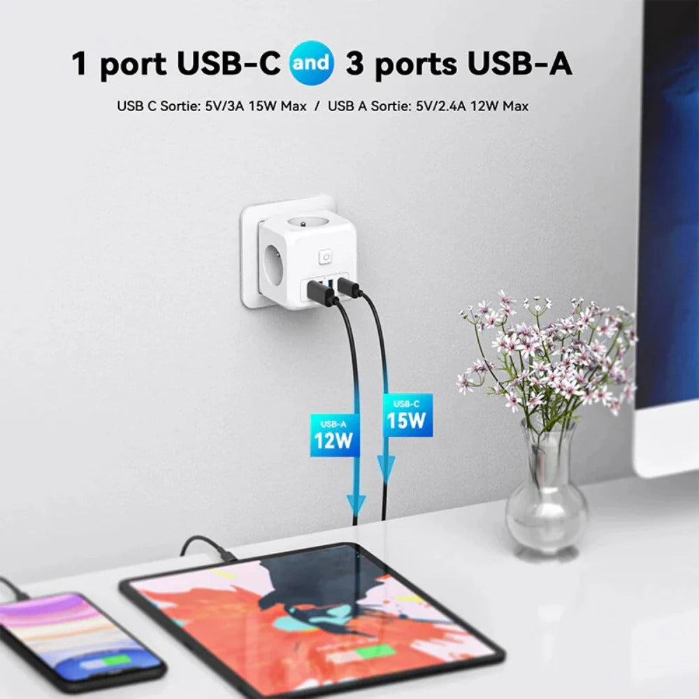 4000 W 7-Port-Steckdosenleiste mit Schnellladefunktion USB-C/USB-A und 3 AC-Steckdosen mit EU-Stecker für iPhone, Huawei, Samsung, Xiaomi