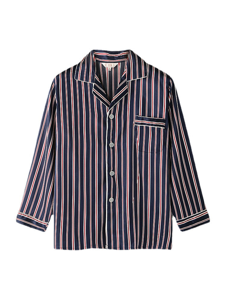 Classic Stripe Revere Collar Long Sleeve Elastic Waist Ice Silk Pajama Set for Home Casual Wear