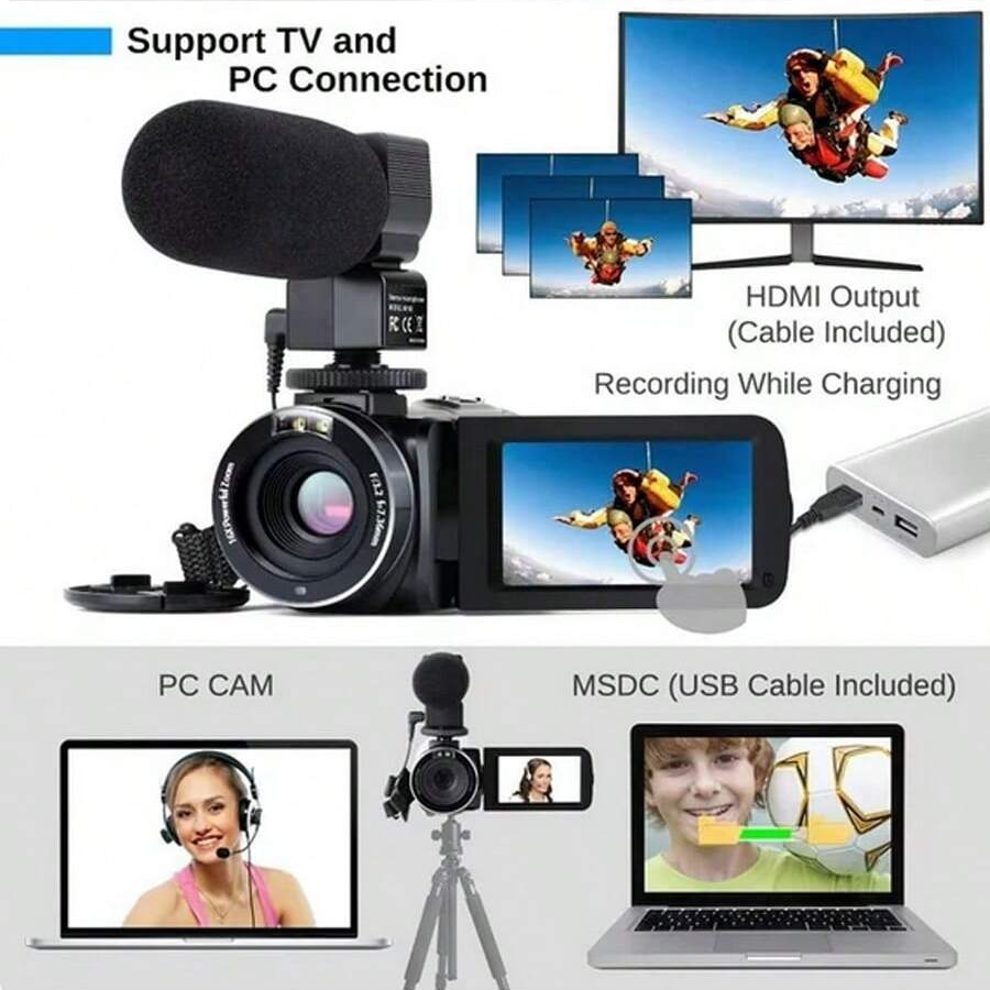 4K Video Camera Camcorder: 18X Zoom, 48MP, 3.0" Touchscreen, Mic, Remote, Night Vision, 2 Batteries for Vlogging