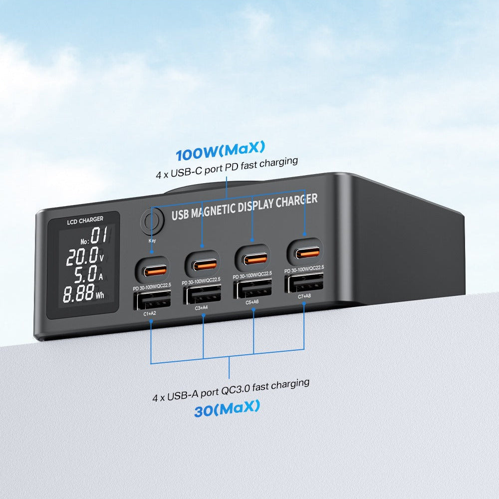 140W 8-Port USB PD Charger with Wireless Pad, Fast Charging for iPhone, Samsung, Huawei, Xiaomi