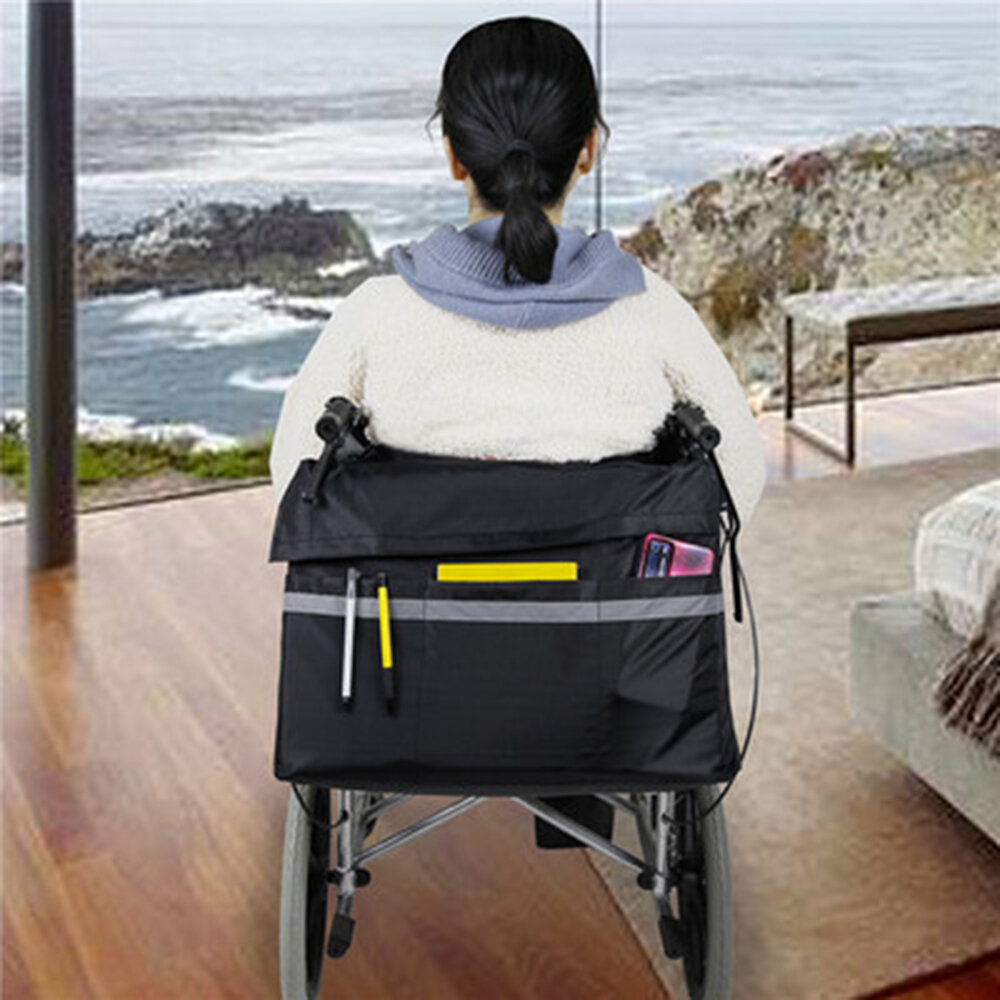 Multi-Pocket Wheelchair Storage Bag with Reflective Strip - Shoulder Hanging Pouch for Wheelchairs