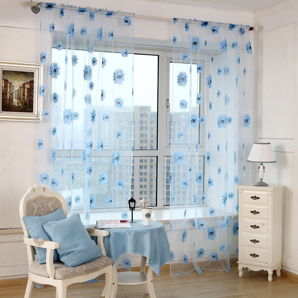 1x2m Sunflower Voile Sheer Curtain Panel - Transparent Window Room Divider Home Decor