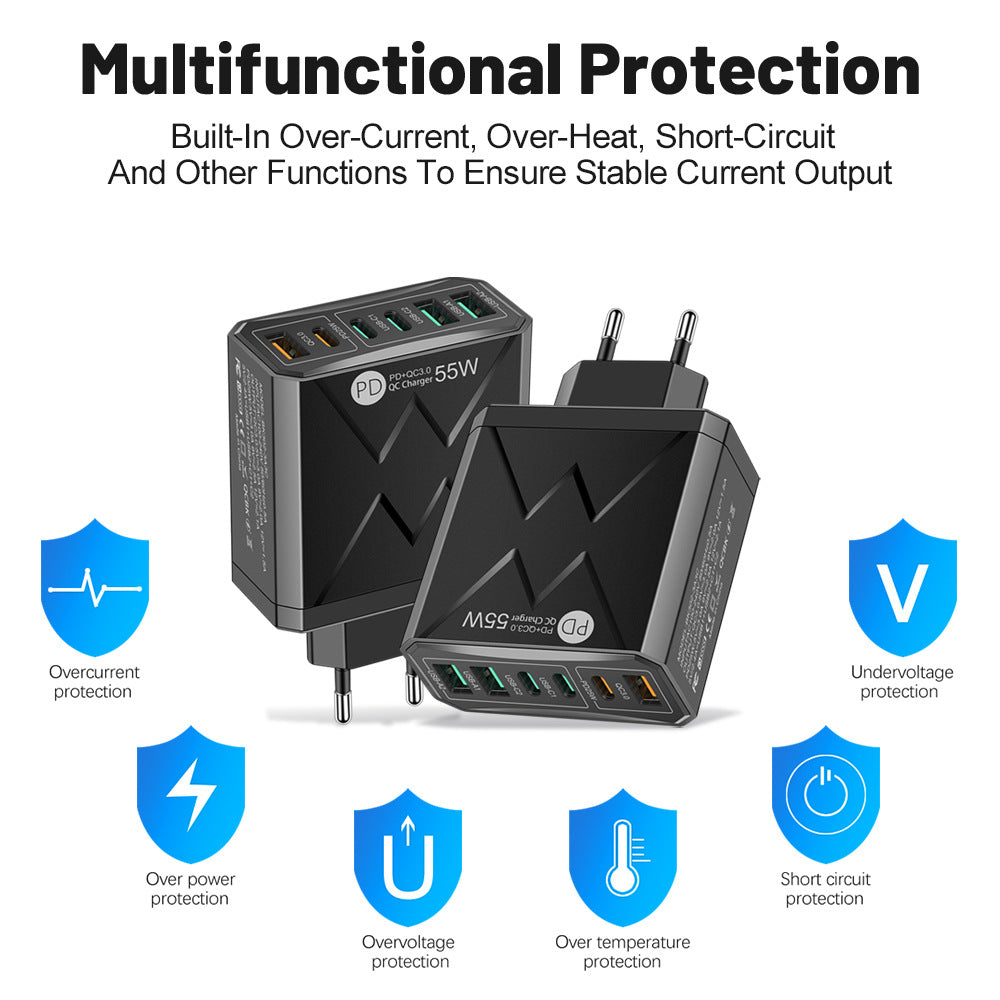 6-Port USB PD Charger: 3 USB-A & 3 USB-C Fast Charging Adapter for iPhone, Samsung, Huawei