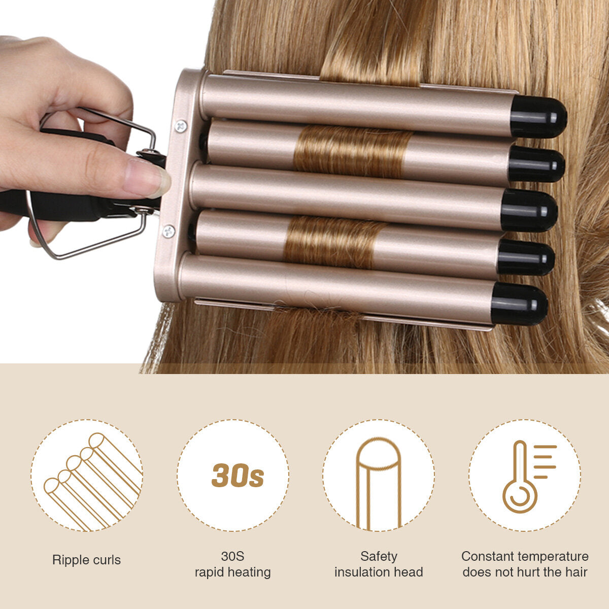 Triple Barrel Curling Iron for Beach Waves - Tourmaline Ceramic, 180 DegreeC/210 DegreeC, 20mm, Wet & Dry Hair Waver