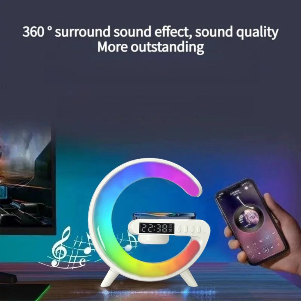 Wireless Charger Stand Speaker with RGB Night Light, Alarm Clock, Fast Charging for iPhone, Samsung, Xiaomi