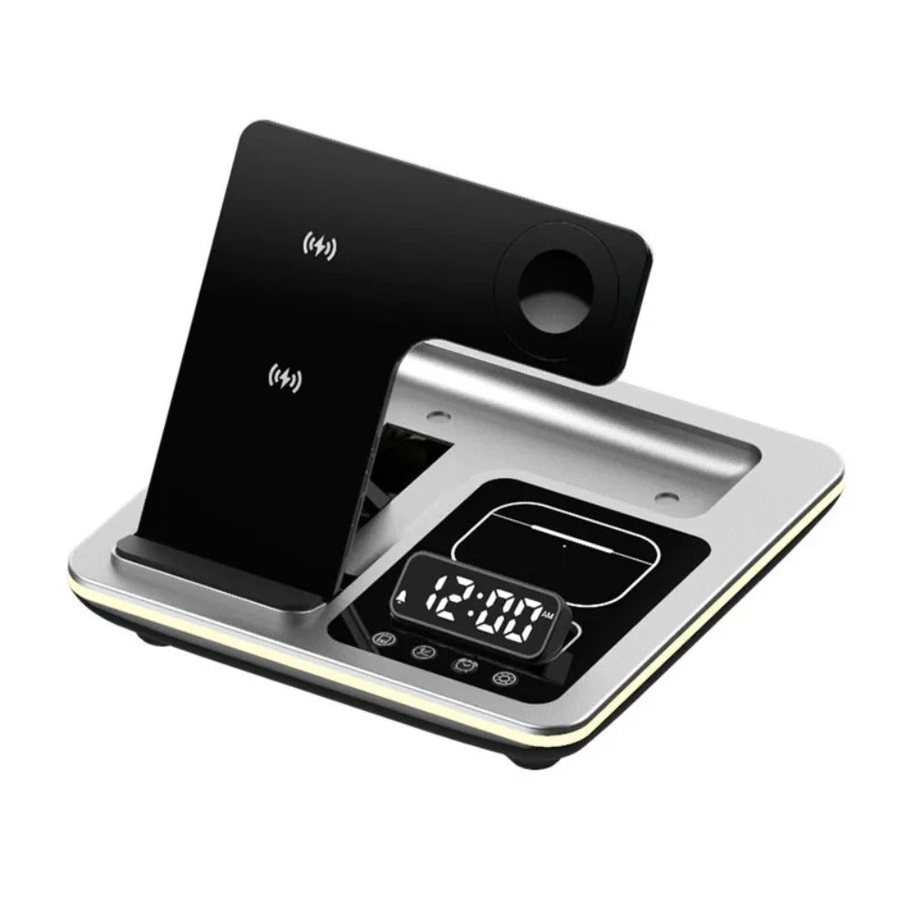 5-in-1 15W RGB Wireless Charger & Alarm Clock for iPhone, Xiaomi, Huawei, AirPods, Apple Watch