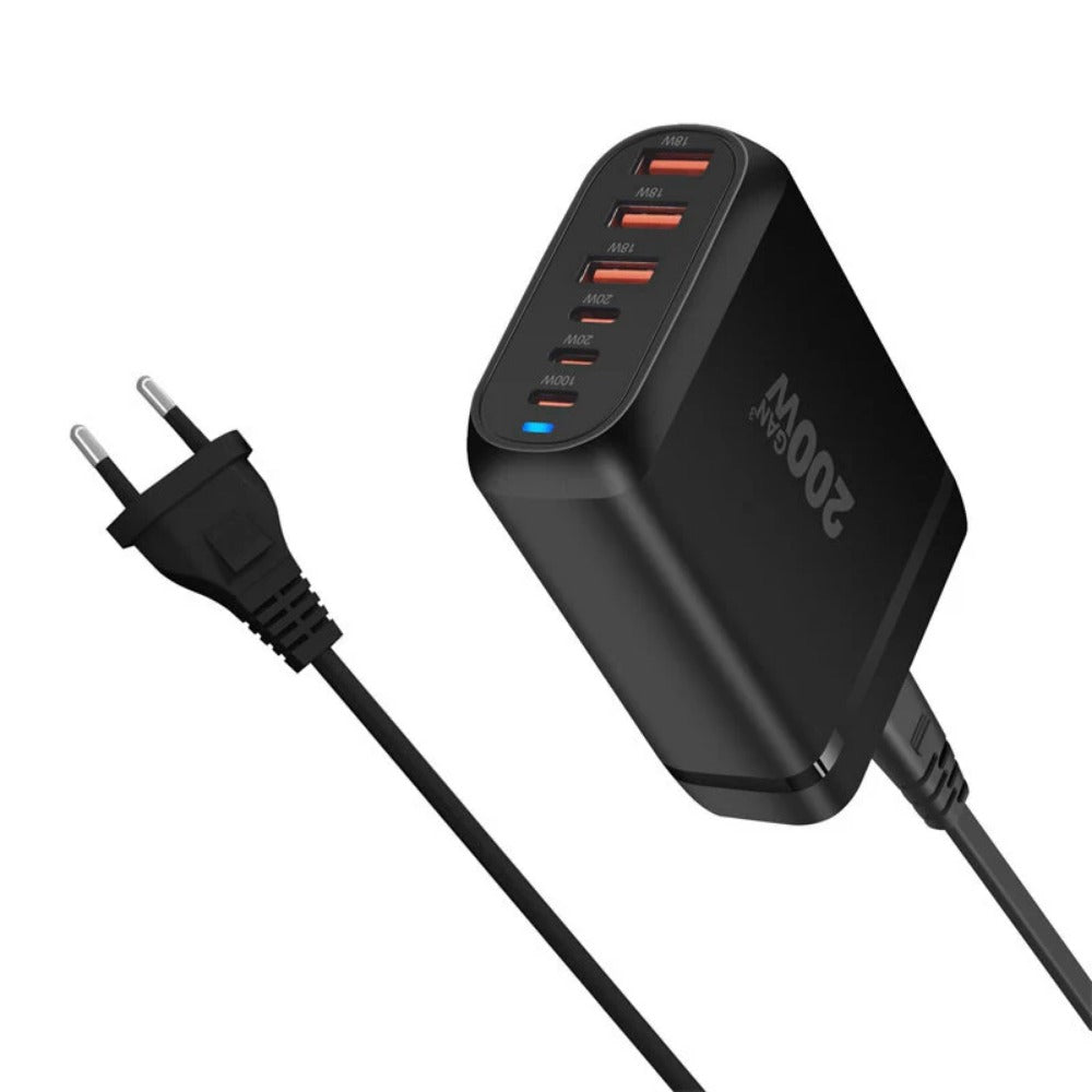 200 W 6-Port GaN USB PD-Ladegerät: 2 USB-A + 4 USB-C Schnellladung für iPhone, Huawei, Samsung, MacBook