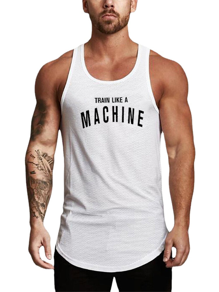 Men's Fitness Workout Tank Tops - Round Neck, Printed Design