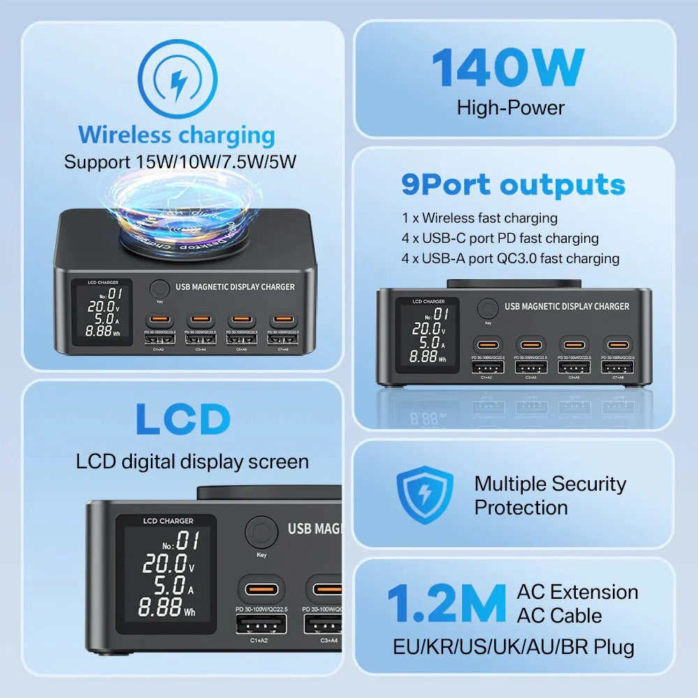 140 W 8-Port USB PD-Ladegerät mit Wireless Pad, Schnellladen für iPhone, Samsung, Huawei, Xiaomi