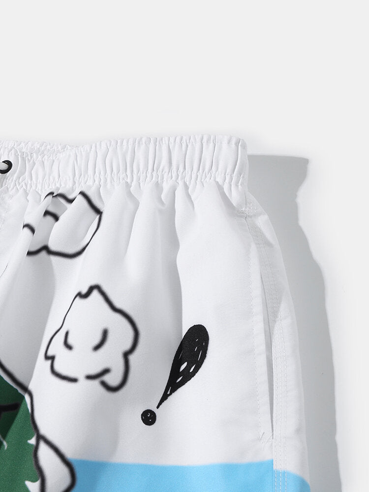 Atmungsaktive Strand-Boardshorts für Herren mit Cartoon-Graffiti-Print und Netzfutter – lockere Passform, dünn, Urlaubskleidung