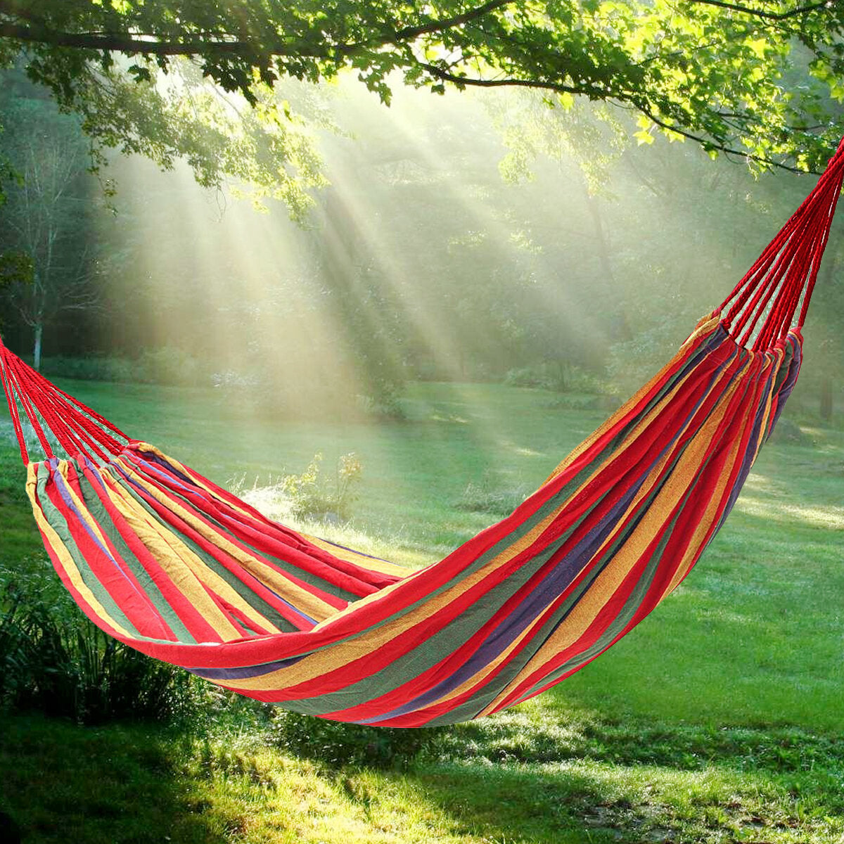 Portable Canvas Hammock for 2 - Outdoor Picnic, Camping, Wooden Swing Chair