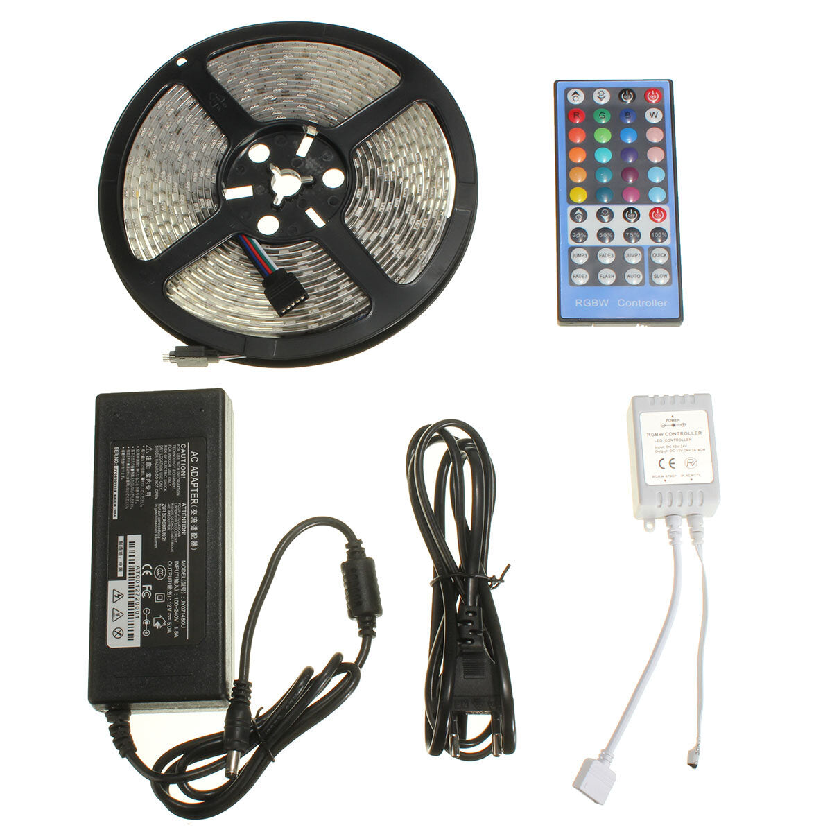 16.4ft RGB+Warm White LED Strip Kit, 300 LEDs, 40-Key Remote, 12V 5A Power Supply