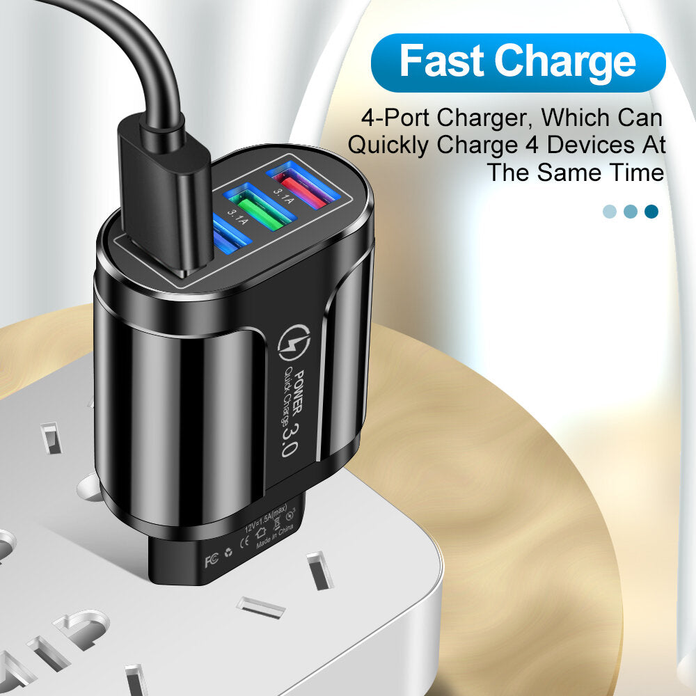 4-Port USB Fast Charger QC3.0 Wall Adapter - EU/US/UK Plug for iPhone, Samsung, Xiaomi