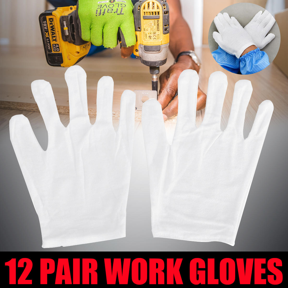 12 Pairs Non-Slip Cooling Work Gloves for Workshop Labor - White