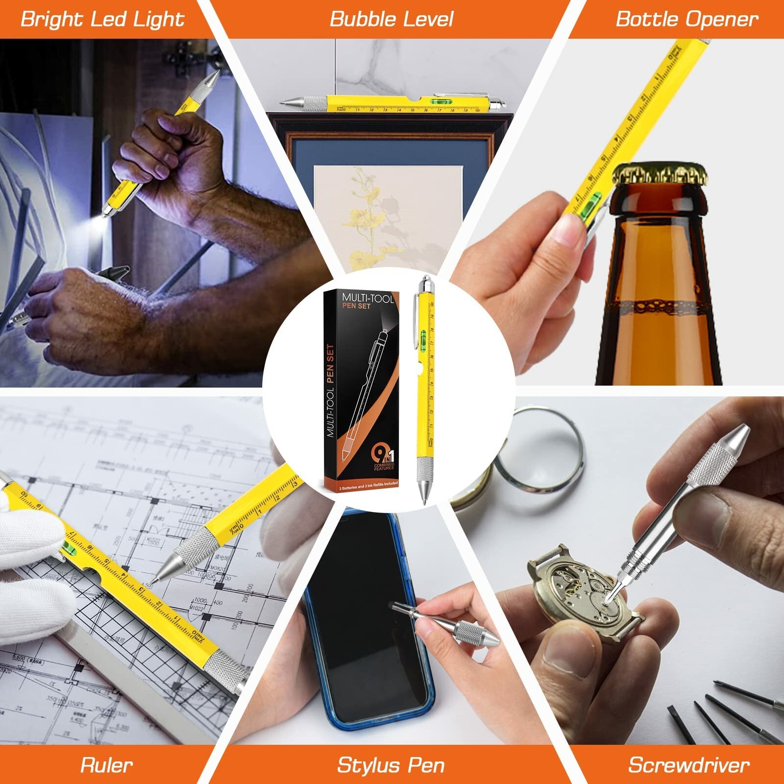 9-in-1 Multi-Tool Stylus Pen: LED, Bottle Opener, Screwdriver & More