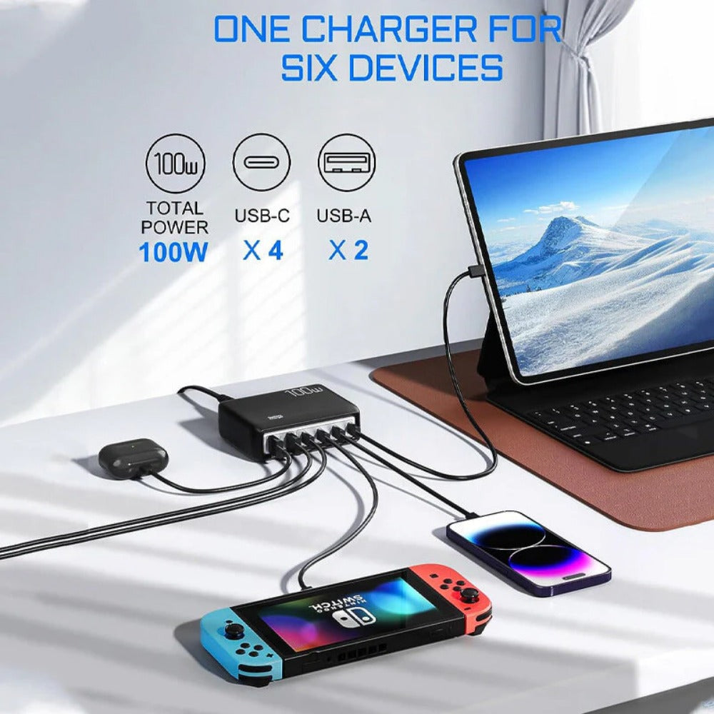 100W 6-Port USB PD Charger, Fast Charging Station for iPhone, Samsung, Huawei, Xiaomi