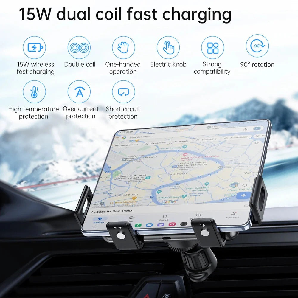 15W Fast Wireless Car Charger Mount for iPhone 15/14/13 and Samsung Galaxy Fold