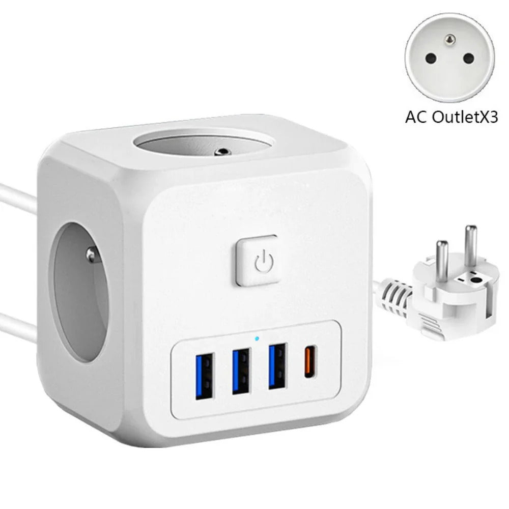 4000 W 7-Port-Steckdosenleiste mit Schnellladefunktion USB-C/USB-A und 3 AC-Steckdosen mit EU-Stecker für iPhone, Huawei, Samsung, Xiaomi