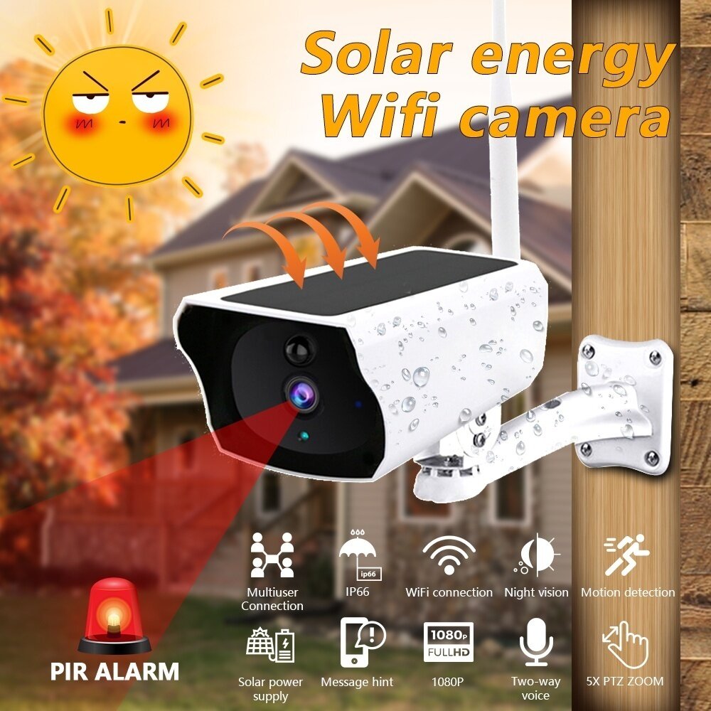 1080P HD WiFi Solar Security Camera - Night Vision, Wireless, PIR Motion Alarm, IP67 Weatherproof