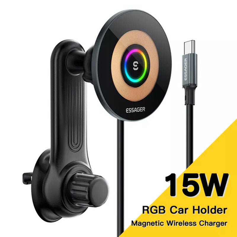 Magnetic RGB 15W Wireless Car Charger Mount for iPhone 14/13/12 Pro - Fast Charging & Secure Mounting