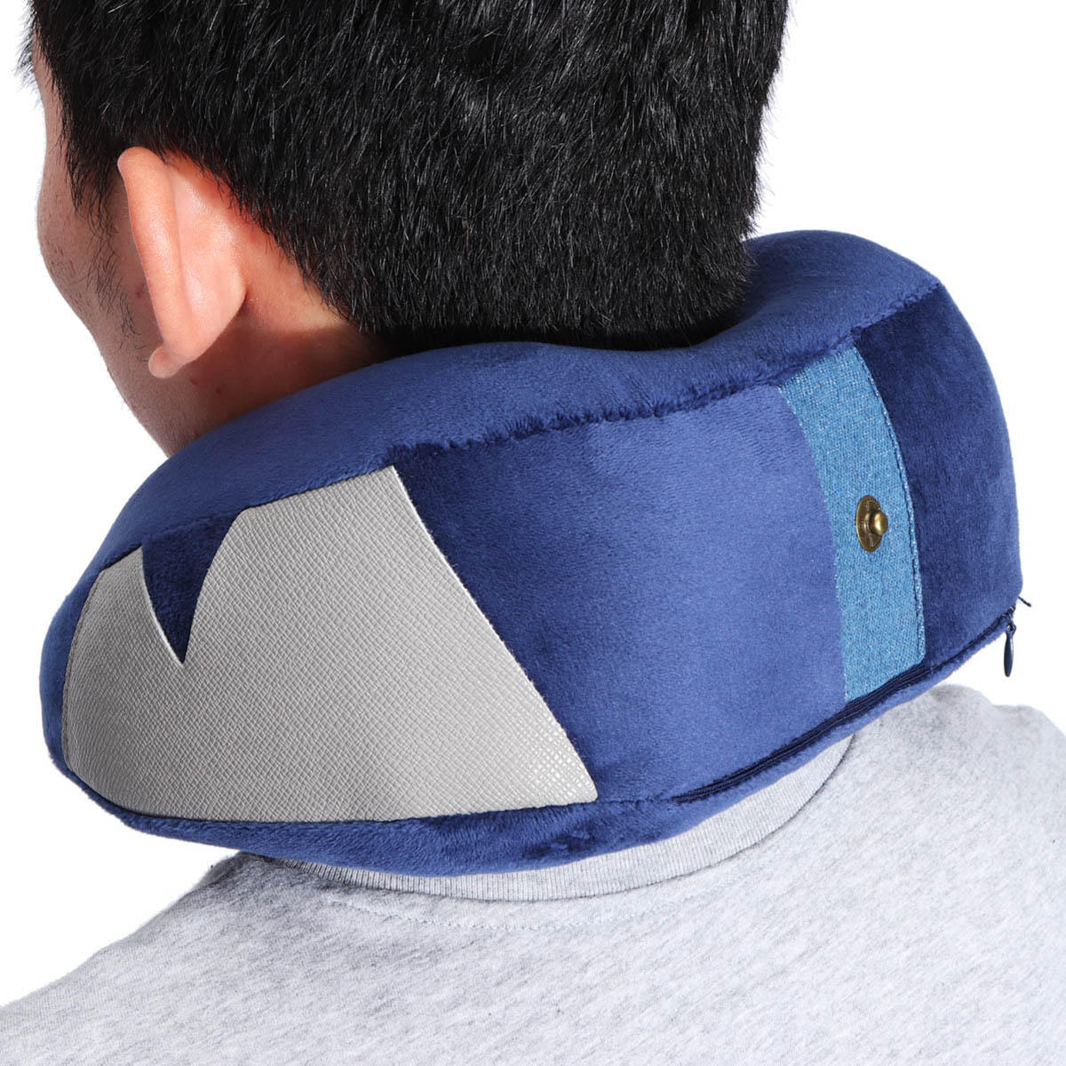 Blue Slow Rebound Memory Foam U-Shaped Neck Pillow with Storage Pouch for Travel