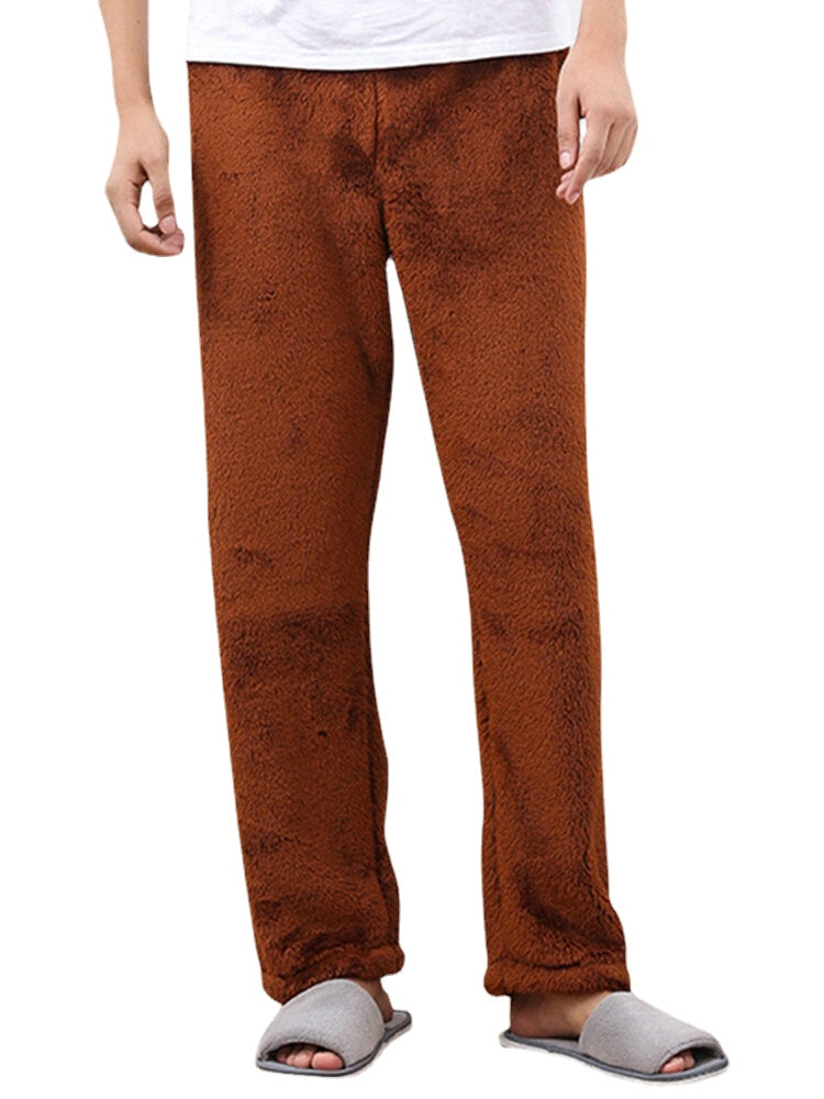 Men's Thick Flannel Sleepwear Pants - Warm Solid Color for Autumn and Winter
