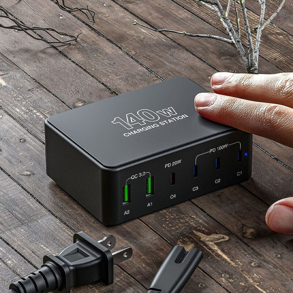 140W 6-Port USB PD Charger: Fast Charging Station with 2 USB-A & 4 USB-C Ports for iPhone, Huawei, Samsung, Xiaomi