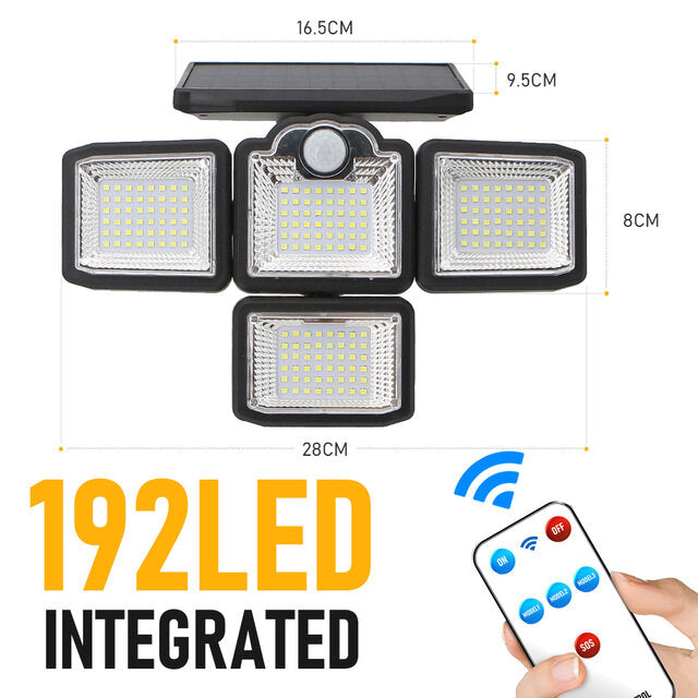 192/198 LED COB Solar Lights - 4 Head Motion Sensor, 270 Degree Wide Angle, Waterproof, Remote Control, Outdoor Garden Wall Lamp