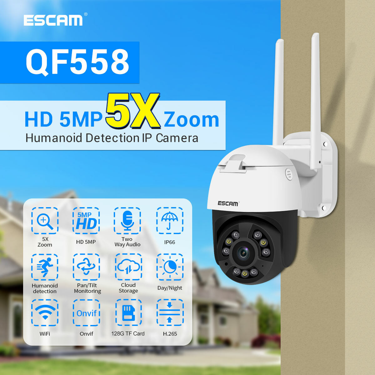 5MP PTZ Wireless IP Camera, 5x Optical Zoom, WIFI, Dual-light, Humanoid Detection, Two-way Voice, Night Vision, ONVIF