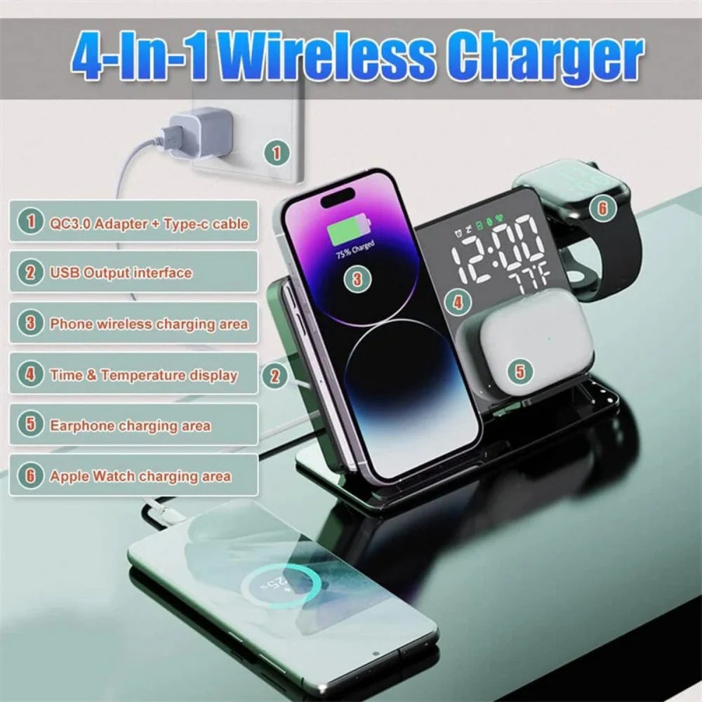 15W Fast Wireless Charger & Alarm Clock for iPhone, Huawei, Samsung, AirPods, Watch