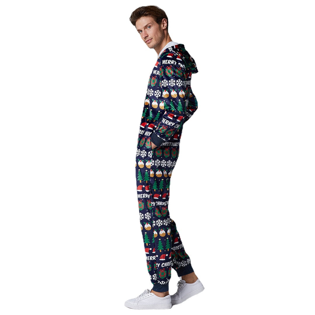 Men's Christmas Pattern Hooded Onesie Pajama Set - Holiday Loungewear with Zip Down Design