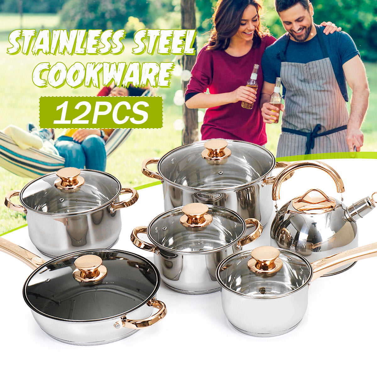 12PCS Stainless Steel Cookware Set: Non-Stick Pots & Frying Pan for Gas & Induction Cookers