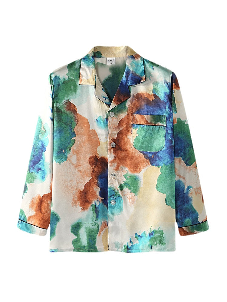 Mehrfarbiges, langärmliges Pyjama-Set mit Batikmuster und Reverskragen für Herren